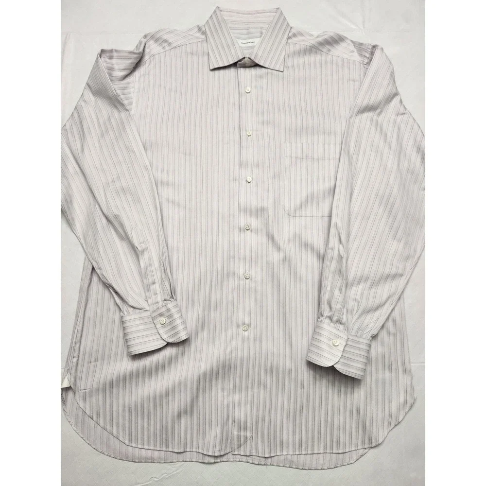 Ermenegildo Zegna Shirt Mens 17.5 44 Large Purple Stripe Long Sleeve Button Up